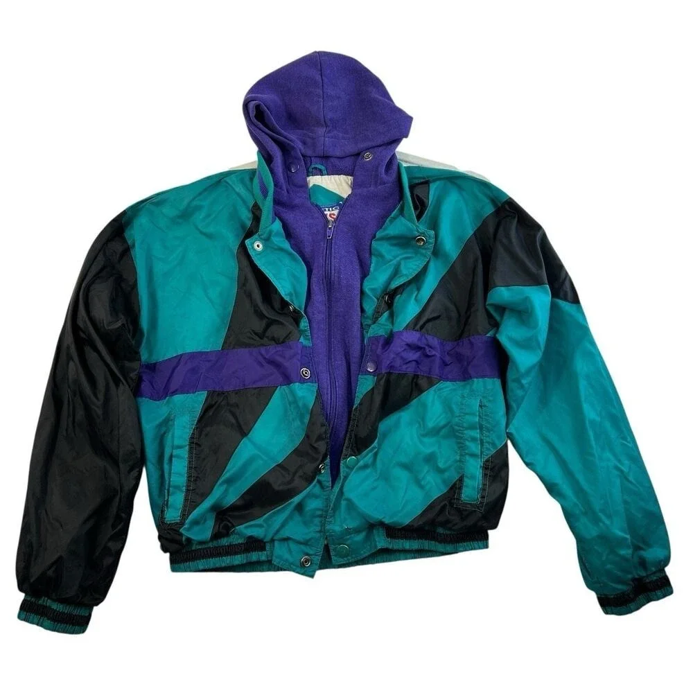 Vtg‎ 90s Athletic Boys XL Works Youth Jacket Layered Look Track Lined Teal Black